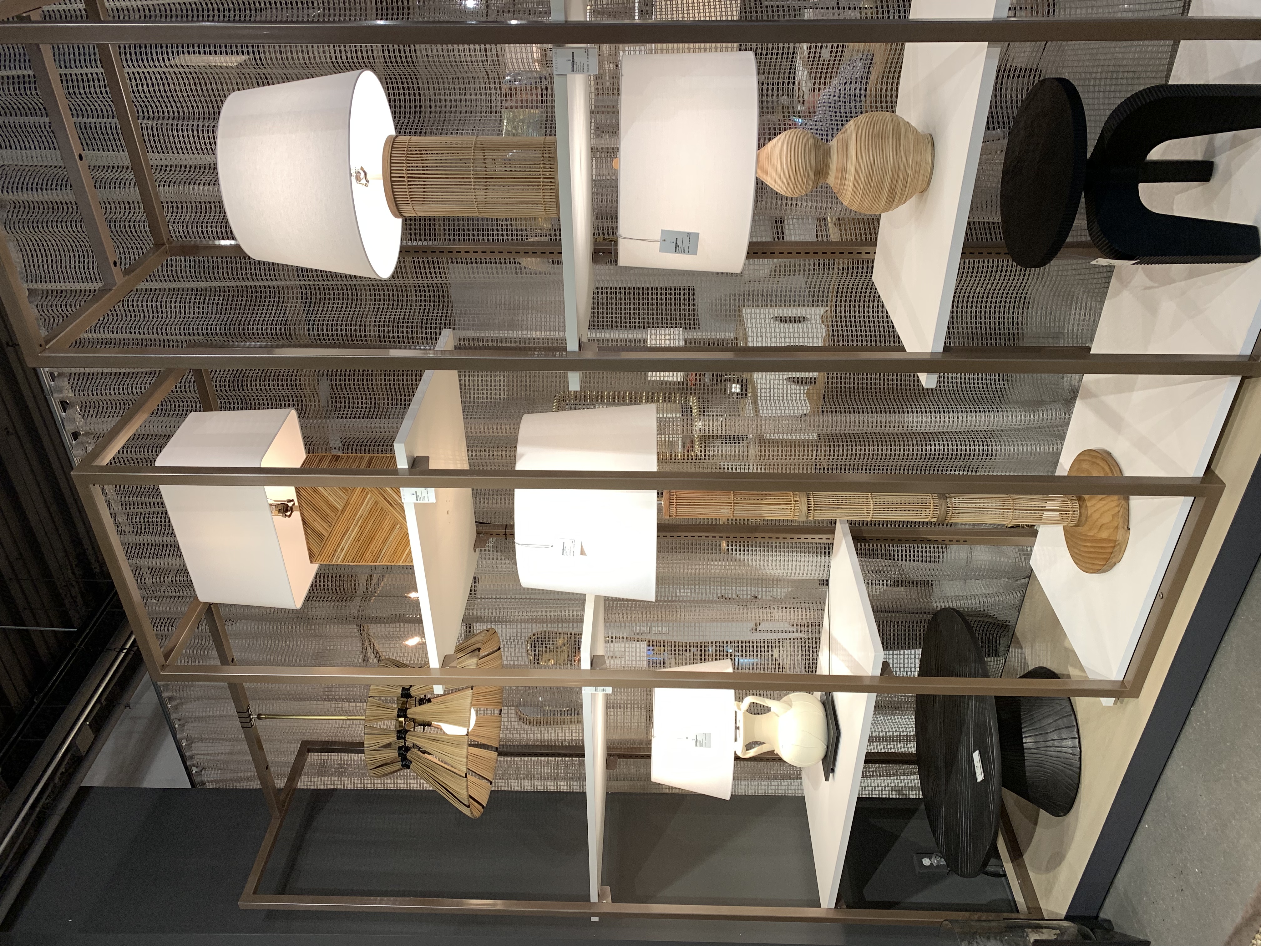 glass shelf with bamboo table lamps