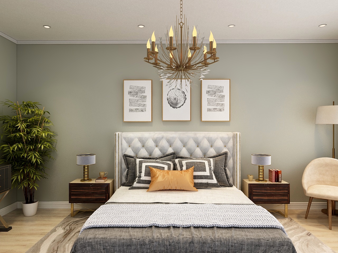Bedroom with white headboard, green walls and gold chandelier