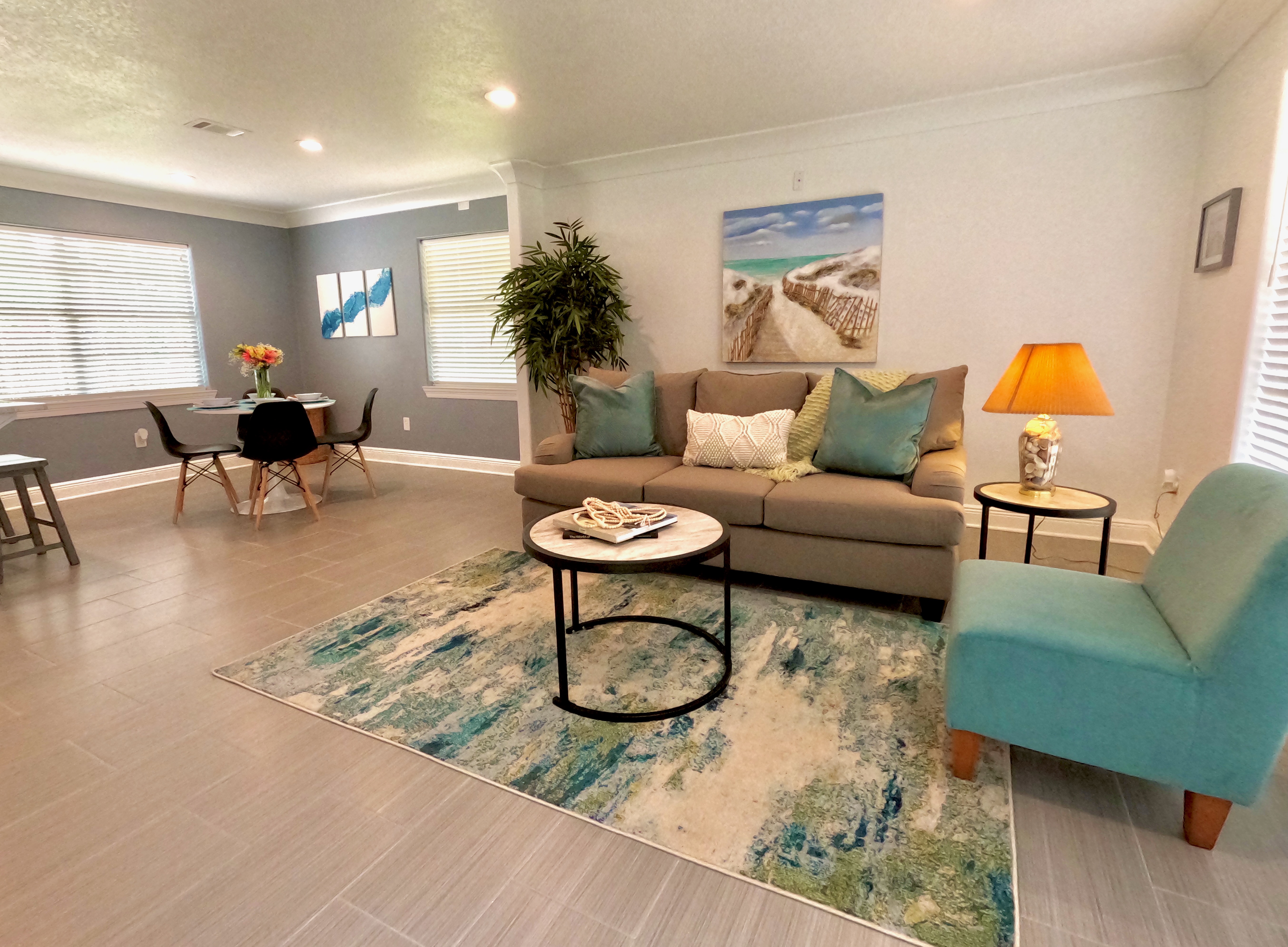 coastal living room and eat in kitchen area