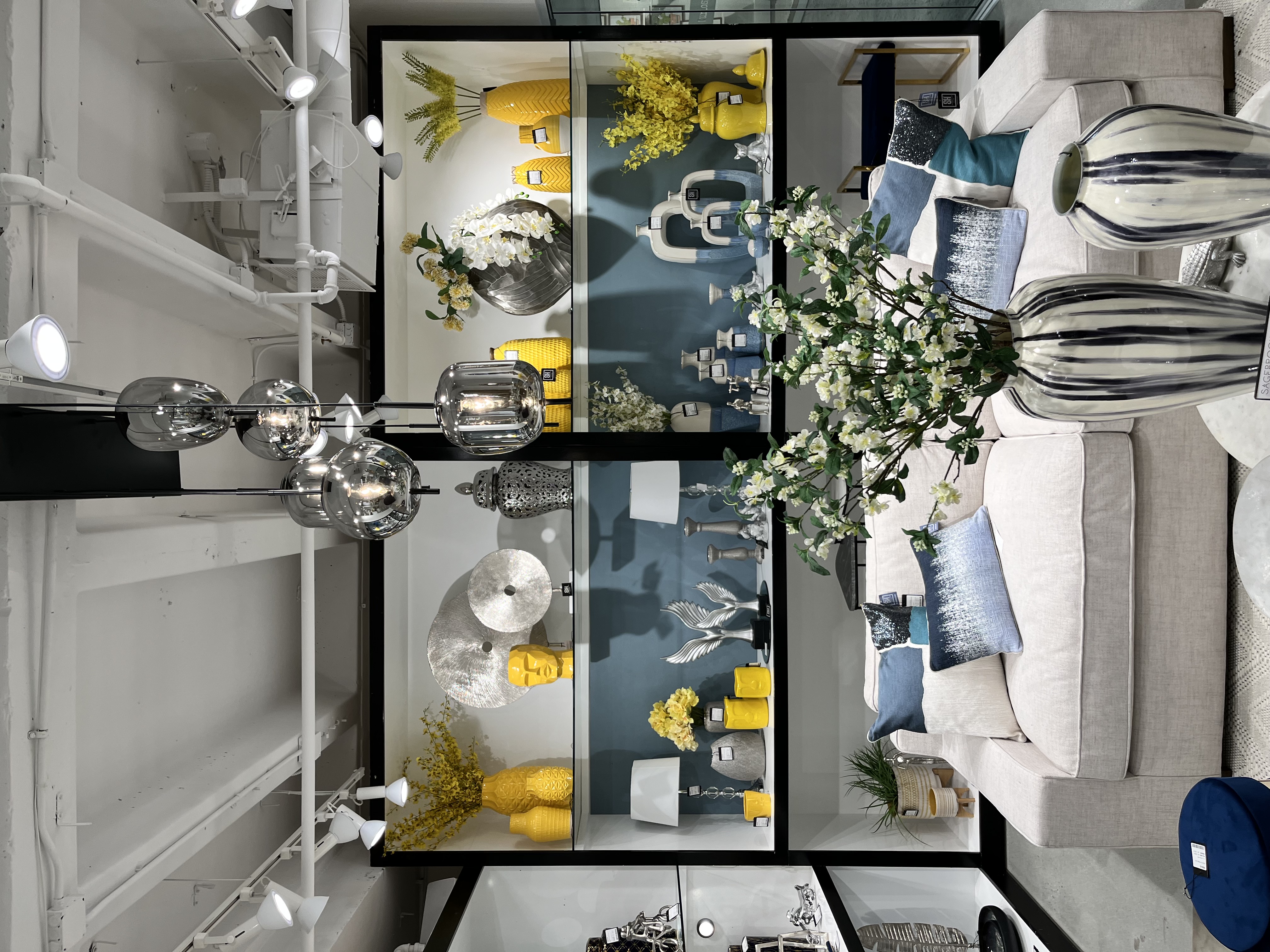 yellow accessories with blue furniture pieces