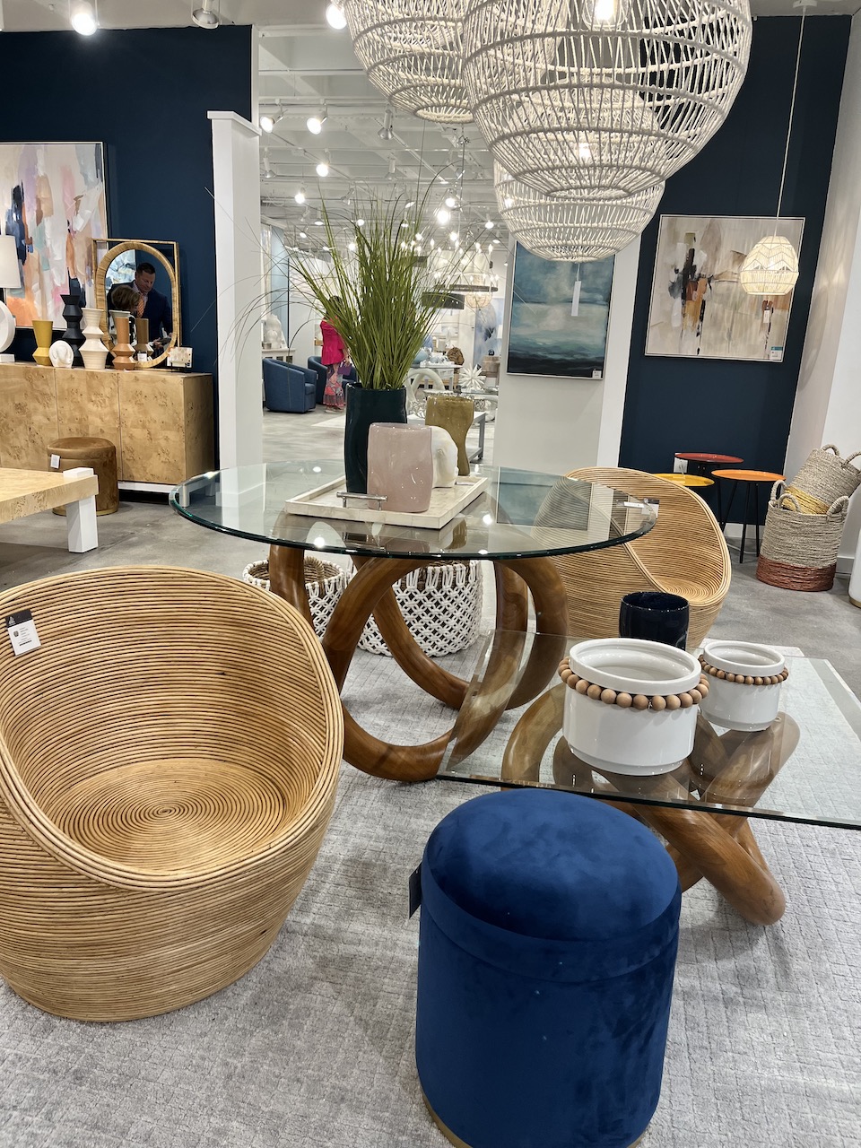 rattan furniture with oversized white pendants